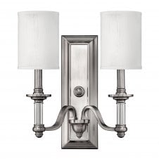 modern traditional brushed nickel double wall sconce with white shade