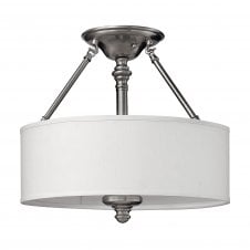 semi flush ceiling light in brushed nickel with white shade
