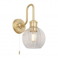 Bathroom Wall Light Gold Swan Neck Ribbed Globe Glass Shade