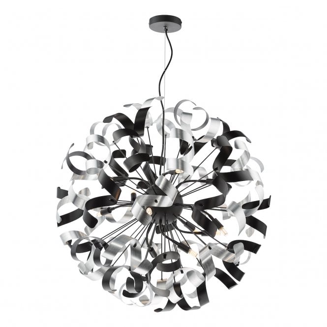 Swash 12 Light Pendant in Matte Black with Black & Aluminium Ribbons