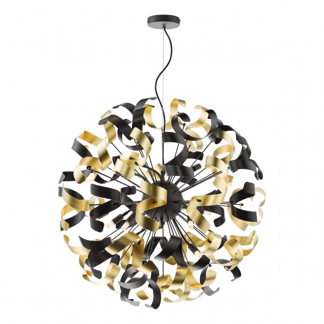 Swash 12 Light Pendant in Matte Black with Black & Gold Ribbons