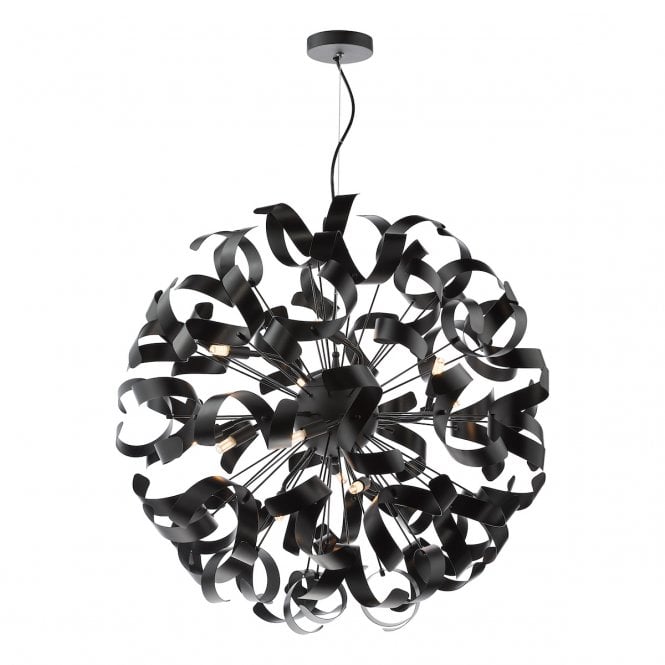 Swash 12 Light Pendant in Matte Black with Black Ribbons