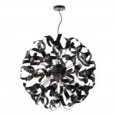 12 light matte black pendant with black ribbons