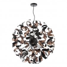12 light matte black pendant with copper ribbons