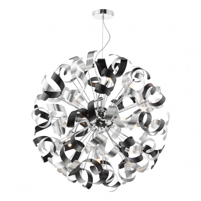 Swash 12 Light Pendant in Polished Chrome with Black & Aluminium Ribbons