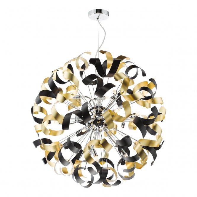 Swash 12 Light Pendant in Polished Chrome with Black & Gold Ribbons