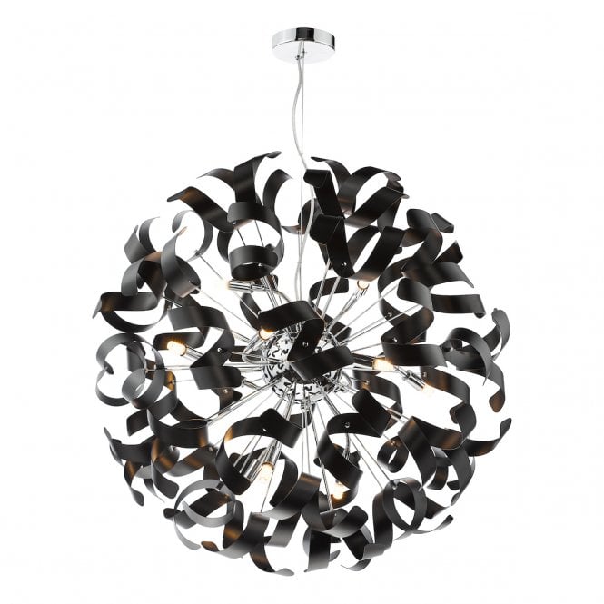 Swash 12 Light Pendant in Polished Chrome With Black Ribbons