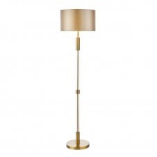 antique brass and glass floor lamp with taupe drum shade