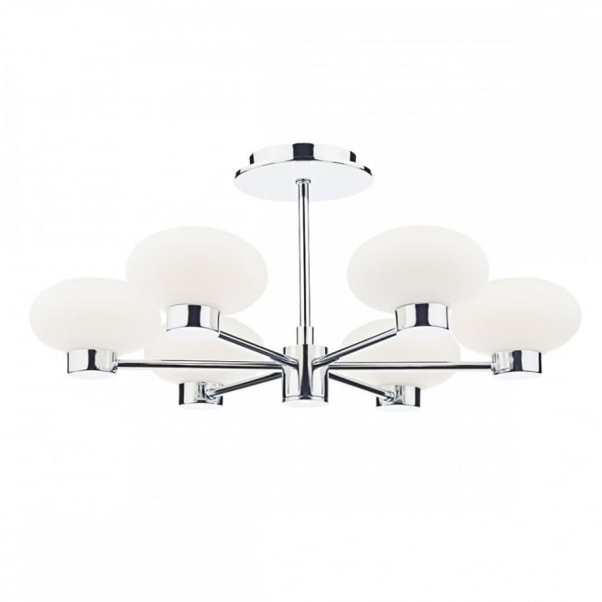 SYSTEM 6 light semi flush ceiling light in chrome with opal glass shades