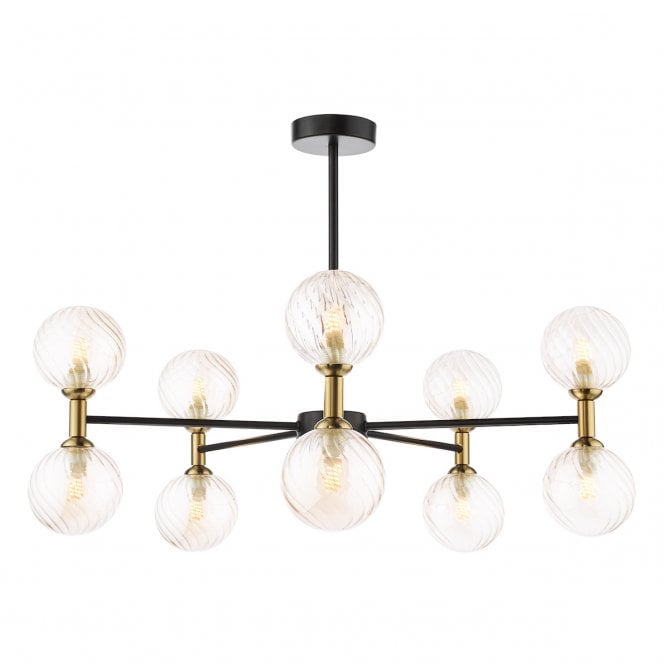 Takara 10 Light Semi-Flush Ceiling Light in Matt Black and Bronze with Twisted Amber Glass Shades