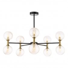 a modern 10 light Semi-Flush Ceiling Light in Matt Black and Bronze with Twisted Amber Glass Shades