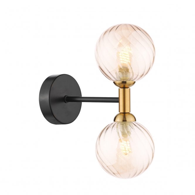 Takara 2 Light Wall Light in Matt Black and Bronze with Twisted Amber Glass Shades