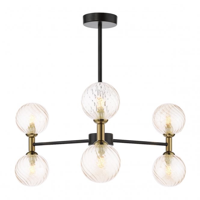 Takara 6 Light Semi-Flush Ceiling Light in Matt Black and Bronze with Twisted Amber Glass Shades