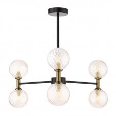 a modern black and bronze semi flush ceiling light with 6 twisted amber glass shades 
