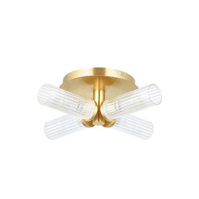 Talo 4 Light IP44 Bathroom Semi-Flush in Satin Brushed Gold with Ribbed Glass Shades