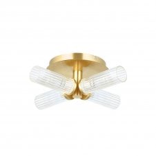 Talo 4 Light IP44 Bathroom Semi-Flush in Satin Brushed Gold with Ribbed Glass Shades