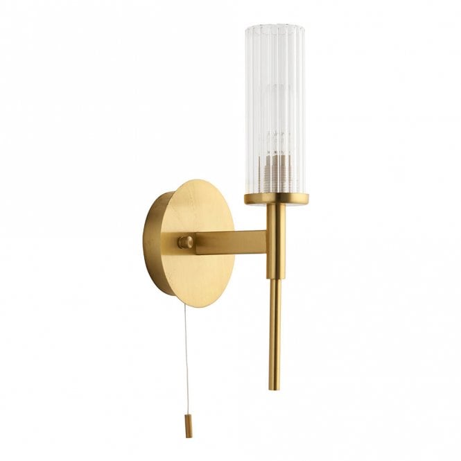 Talo IP44 Bathroom Wall Light in Satin Brushed Gold with Ribbed Glass Shade