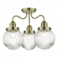 3 Light Bathroom Semi Flush Ceiling Light | Antique Brass Ribbed Glass