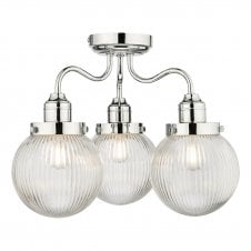 3 Light Bathroom Semi Flush Ceiling Light | Chrome Ribbed Glass