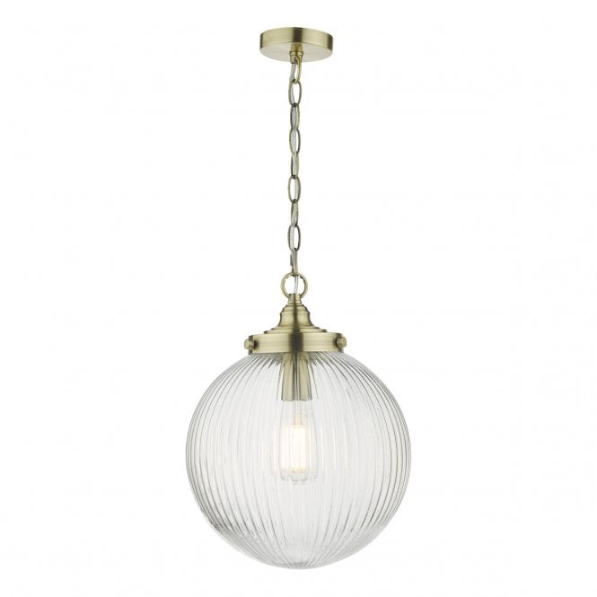 TAMARA Antique Brass Ceiling Pendant with Ribbed Glass Globe