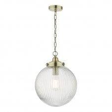 Antique Brass Ceiling Pendant with Ribbed Glass Globe