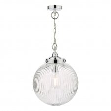 Bathroom Ceiling Pendant | Chrome with Ribbed Glass Globe Shade | IP44