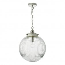 satin nickel ceiling pendant with ribbed globe glass