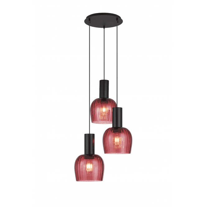 Tarn 3 Light Cluster Pendant in Satin Black with Red/Purple Ribbed Glass Shades