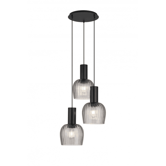 Tarn 3 Light Cluster Pendant in Satin Black with Smoke Ribbed Glass Shades