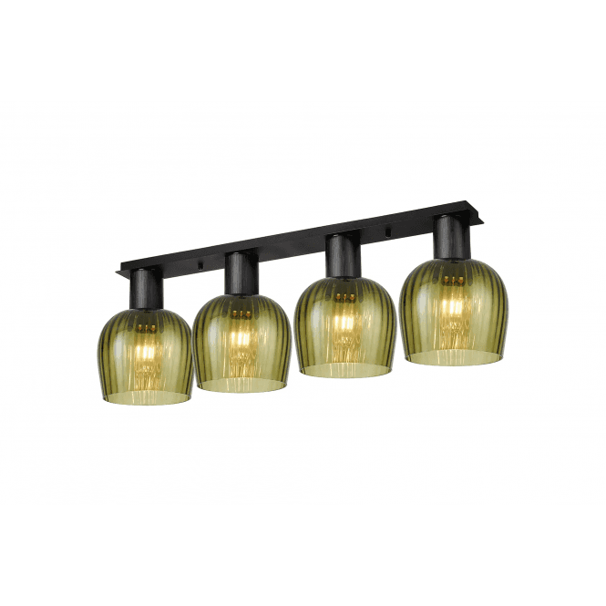 Tarn Linear Flush Ceiling Light in Satin Black with Moss Green Ribbed Glass Shades