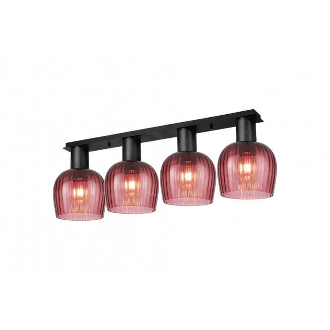 Tarn Linear Flush Ceiling Light in Satin Black with Red/Purple Ribbed Glass Shades