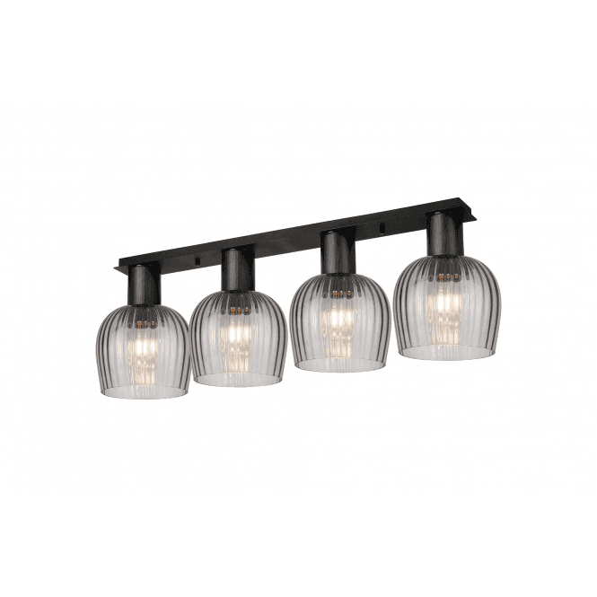 Tarn Linear Flush Ceiling Light in Satin Black with Smoke Ribbed Glass Shades