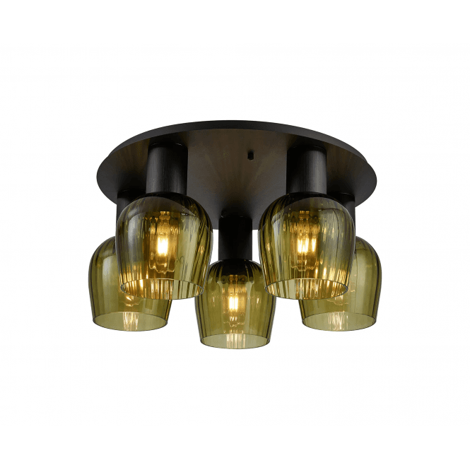 Tarn Round Flush Ceiling Light in Satin Black with Moss Green Ribbed Glass Shade