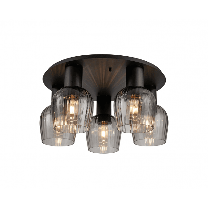Tarn Round Flush Ceiling Light in Satin Black with Smoke Ribbed Glass Shades