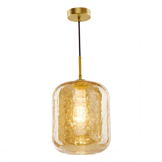 Tavia Pendant in Satin Gold with Amber Crackle Glass Shade