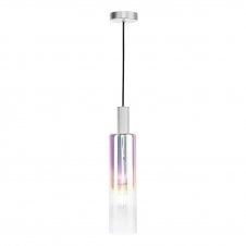 Single Pendant Satin Silver Light with Ribed Iridised Glass 
