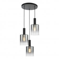 3 Black Height Adjustable Cluster Pendant with Smoked Glass shades, back braided cable material