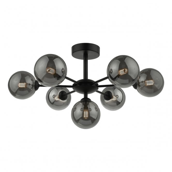  COHEN 7 Light Semi-Flush Ceiling Frame in Black with GL1 Smoked Glass Globe Shade