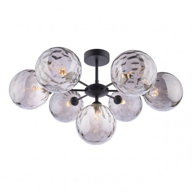  COHEN 7 Light Semi-Flush Ceiling Frame in Black with GL10 Smoked Dimpled Glass Shade