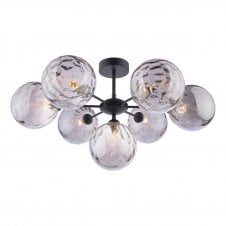 7 Light Semi-Flush Ceiling Frame In Black With GL10 Smoked Dimpled Glass Shade