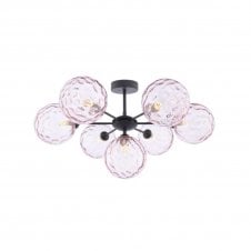 The Options Collection COHEN 7 Light Semi-Flush Ceiling Frame in Black with GL13 Pink Dimpled Glass Shade