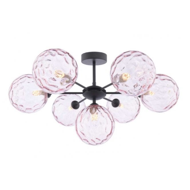 COHEN 7 Light Semi-Flush Ceiling Frame in Black with GL13 Pink Dimpled Glass Shade