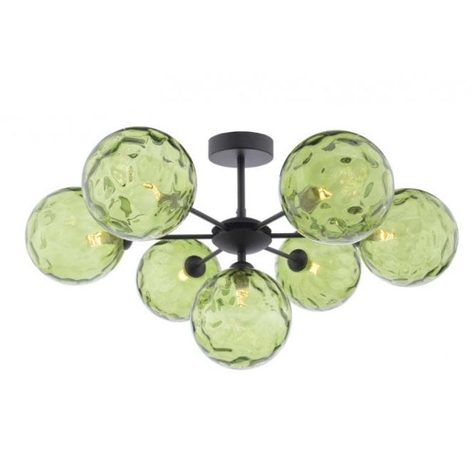  COHEN 7 Light Semi-Flush Ceiling Frame in Black with GL14 Green Dimpled Glass Shade