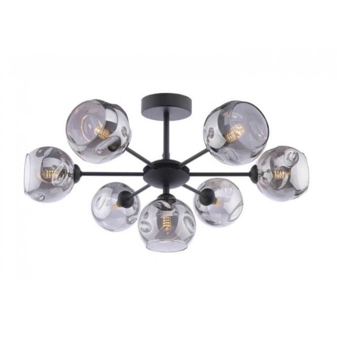  COHEN 7 Light Semi-Flush Ceiling Frame in Black with GL15 Smoked Organic Glass Shade