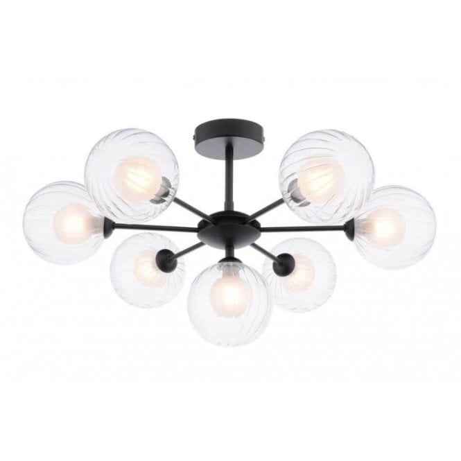  COHEN 7 Light Semi-Flush Ceiling Frame in Black with GL20 Opal & Clear Ribbed Glass Shade