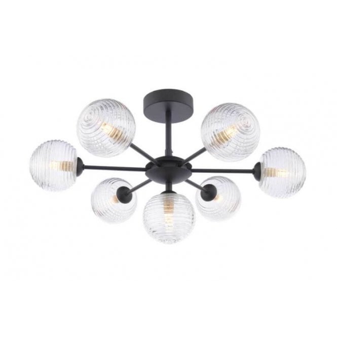  COHEN 7 Light Semi-Flush Ceiling Frame in Black with GL8 Ribbed Glass Globe Shade