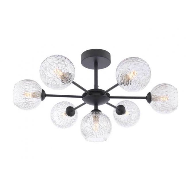  COHEN 7 Light Semi-Flush Ceiling Frame in Black with GL9 Inner Wire Glass Globe Shade