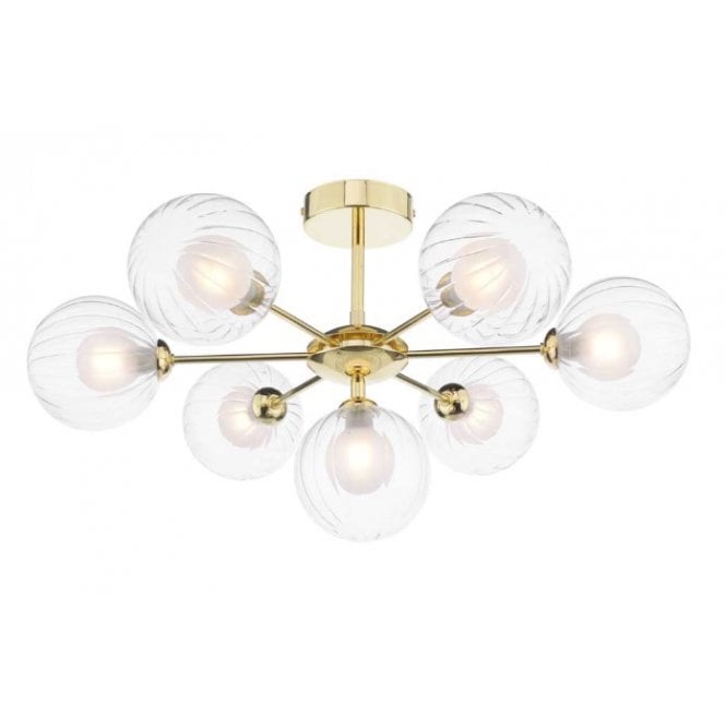  COHEN Polished Gold Semi Flush Ceiling Light with GL20 Opal & Clear Ribbed Glass Shade
