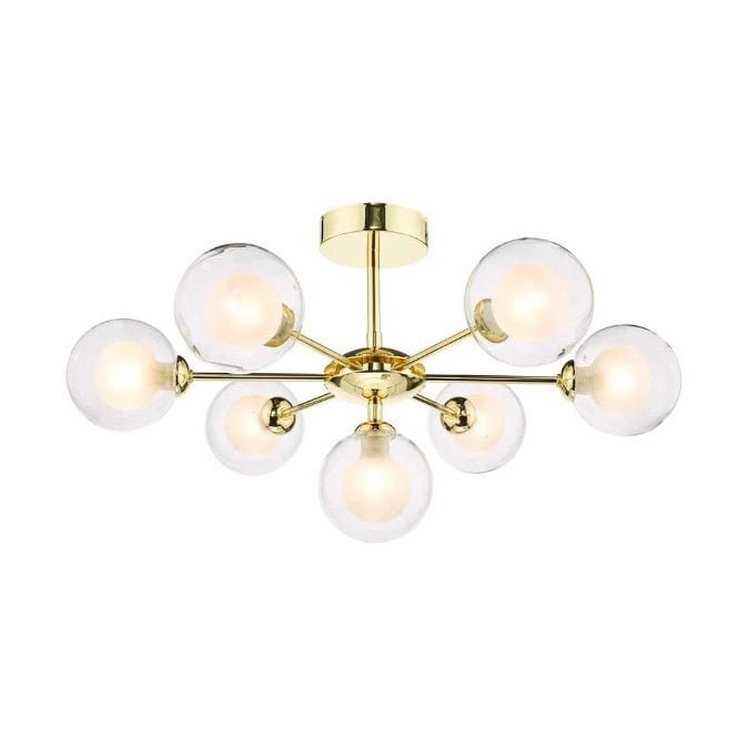  COHEN Polished Gold Semi Flush Ceiling Light with GL4 Opal Inner and Clear Glass Globe Shade