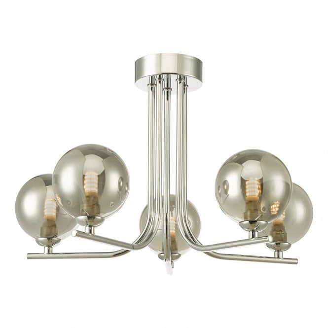  CRADLE 5 Light Semi Flush Fixture in Chrome with GL1 Smoked Glass Globe Shade